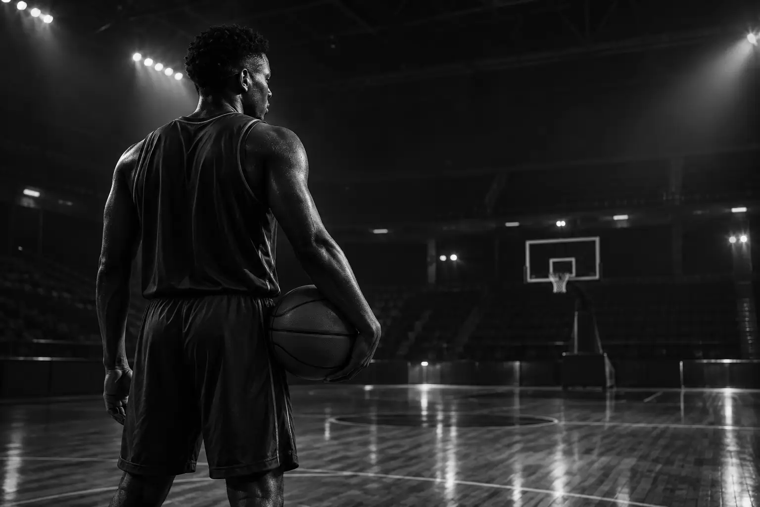 Joueur de basket sur un parquet sous les projecteurs